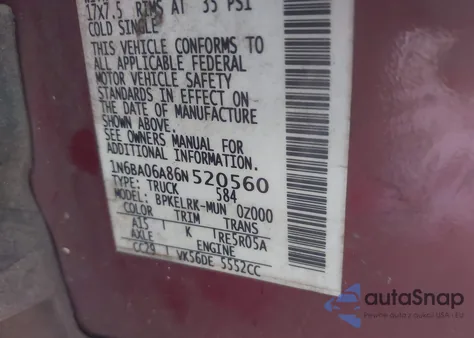 2006 Nissan Titan Xe from USA, damaged, VIN 1N6BA06A86N520560